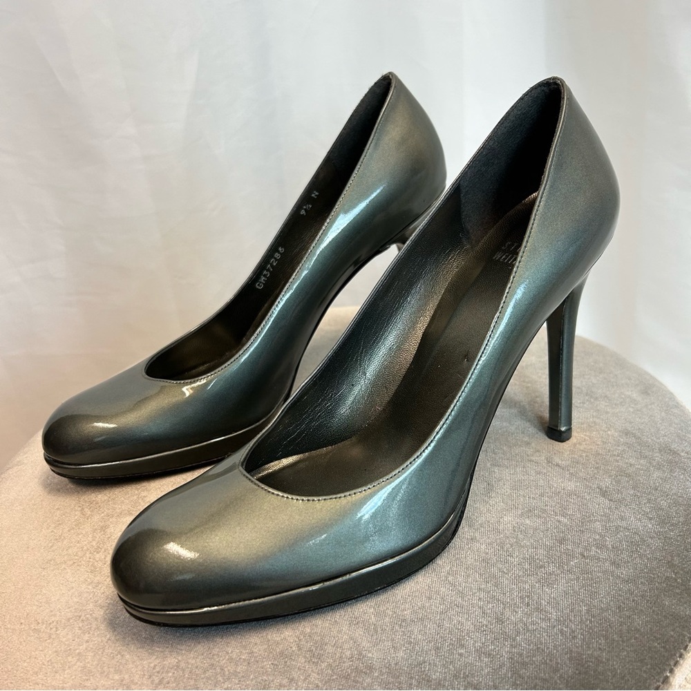 Stuart Weitzman charcoal gray patent leather high heel pumps Sz 9.5